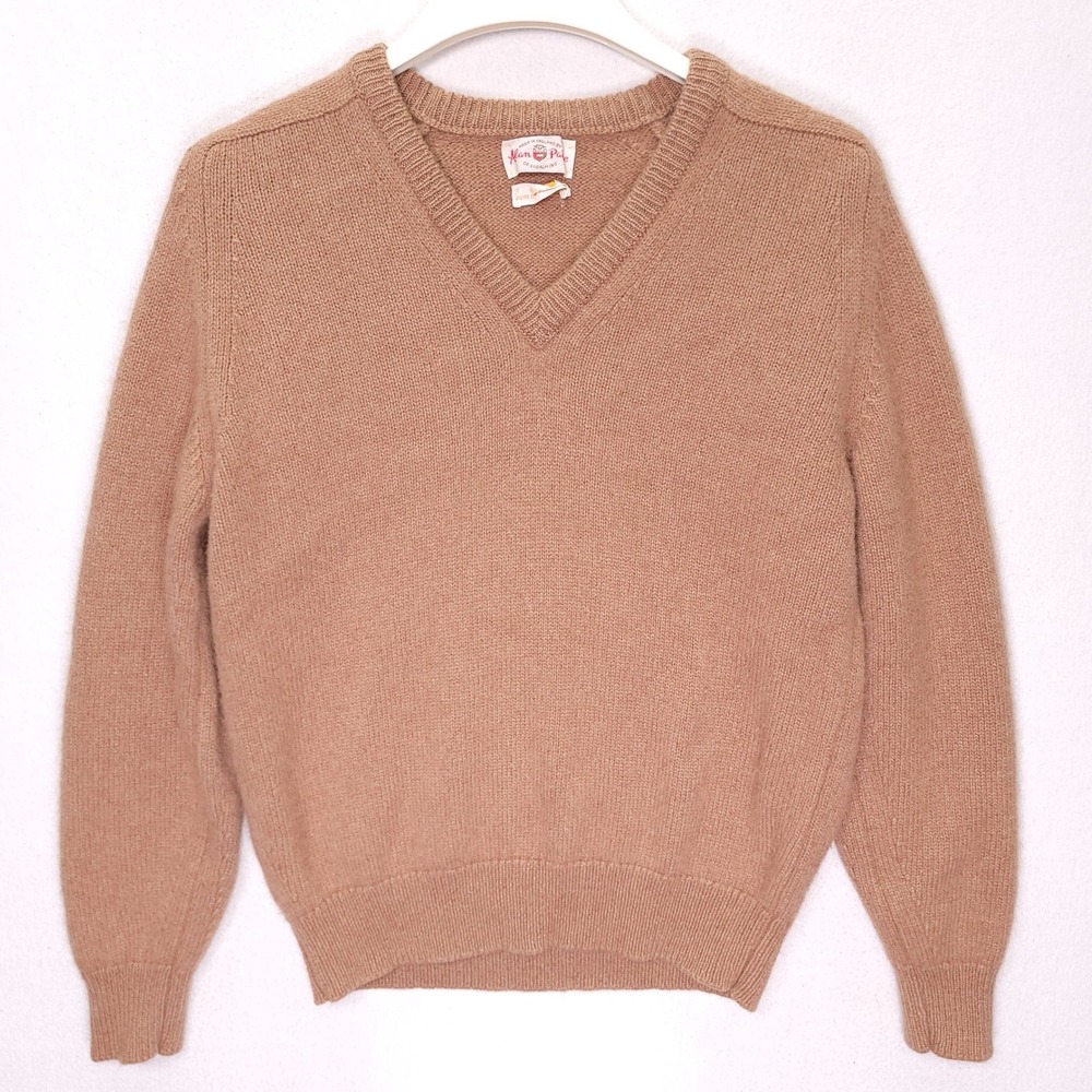 Alan Paine Pure Camel Hair V-Neck Sweater Tan Made in England Mens 42